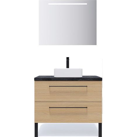 Meuble de salle de bain suspendu vasque à poser 90cm 2 tiroirs Chêne clair + miroir - Glasgow (1/5)