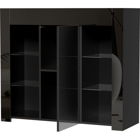 Buffet noir moderne avec façade laquée et étagères en verre 95x35x83 cm pour salon, salle à manger ou cuisine (1/5)