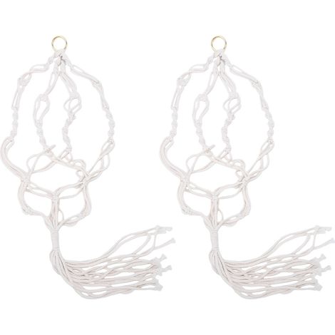 Lot de 2 suspensions pour plantes en macramé de 105 cm avec pompons, en corde de coton tressée, pour décoration intérieure et extérieure (1 pièce avec anneau en fer). (1/5)
