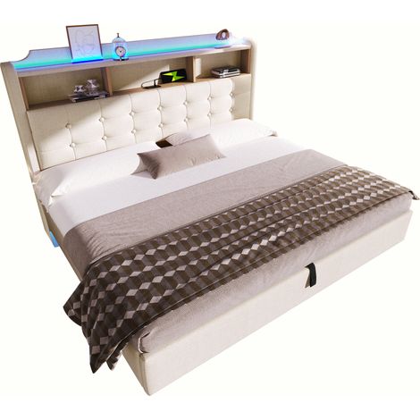 Lit en tissu lin beige, 180×200 cm, design flottant avec tête de lit lumineuse LED, coffre de rangement hydraulique, tiroirs intégrés, ports USB et Type-C, matelas non inclus. (1/5)