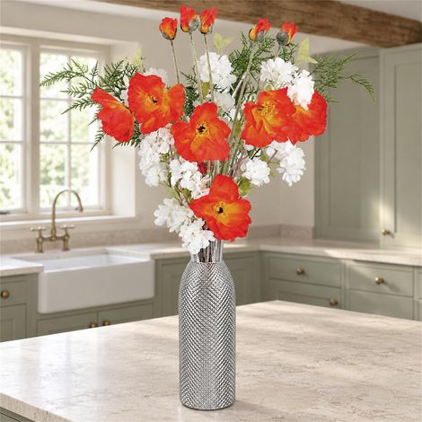 Artificial 100cm Poppy and White Blossom Arrangement Glass Vase (1/5)