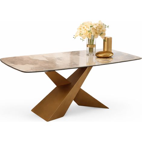 Tavolo "Procyon" con gambe verniciatura spazzolata e piano in ceramica, design moderno, 180/260 x 90 x h 75 cm -Gold Lucido