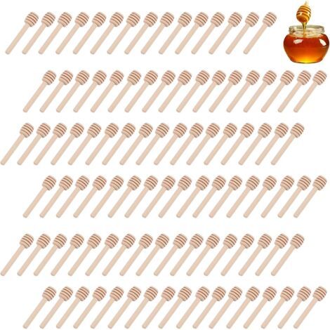 Lot de 100 Cuillere a Miel en Bois, 8 cm de Long Cuillere Miel en Spirale pour Confiture, Sirop de Miel, Mini Cuillères à Miel pour Pots à Miel, Distributeurs, Miel et Fêtes de Mariage (1/5)