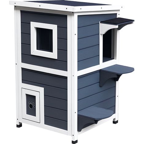 Maison en bois gris pour chats 51x51x81,3 cm. Deux niveaux, toit pliant et panneaux amovibles, adaptée au balcon et au jardin. (1/5)
