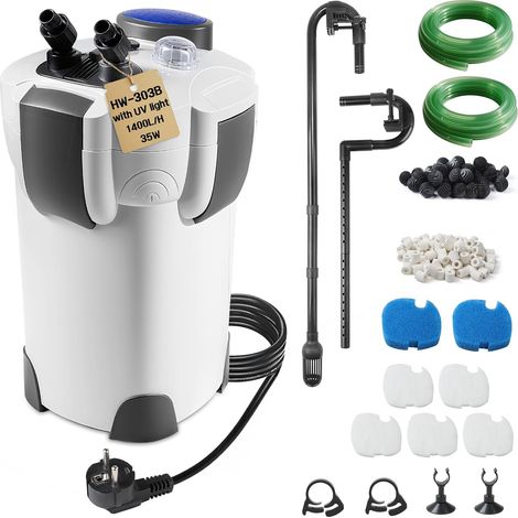Filtre UV Externe Aquarium 1400L/H 35W Pompe D'aquarium Réglable avec Matériau Filtrant, Filtre Bassin Poisson Silencieux avec 3 Étapes de Filtration pour Réservoir Jusqu'à 300 L HW-302B (1/5)