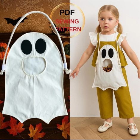 Zwei geisterförmige Süßigkeitentüten für Halloween, weiß und orange, für Kinder, Aufbewahrungstüten für Halloween-Süßigkeiten, DIY-Geschenktüten für Partys. (1/5)