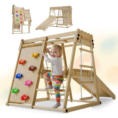 Juskys – Structure d'escalade pour enfants – Aire de jeux intérieure en bois de pin – Toboggan, mur et filet d'escalade – Pliable et sécurisé