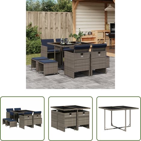 Gartentisch - 9-teiliges Garten-Ess-Set mit Kissen, grau, Polyrattan (1/5)