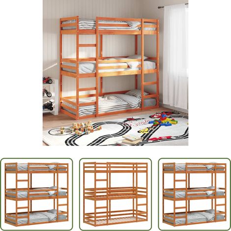 Holzbett - Dreifach-Etagenbett Wachsbraun 75x190 cm Massivholz Kiefer (1/5)