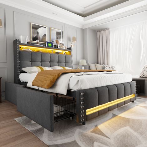 Lit capitonné 160 x 200 cm avec LED, prise USB, étagères, 4 tiroirs et rangement, lit double adulte en lin gris, tête de lit design (1/4)