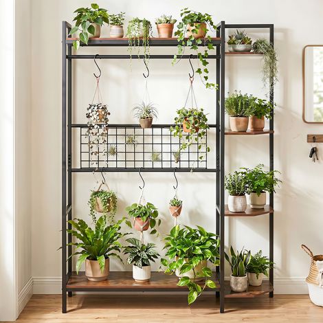 Support à plantes, étagère à plantes avec 6 crochets en S et treillis, porte-fleurs avec cadre métallique et dispositifs anti-basculement (1/4)