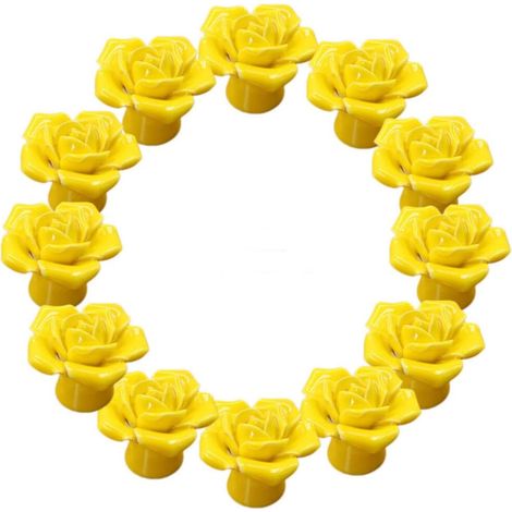 Tiradores de cerámica con forma de flor de rosa para puertas, armarios de cocina y cajones, juego de 12 unidades, color amarillo.