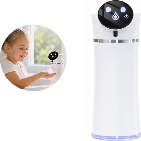 Distributeur de savon moussant automatique (blanc) 420 ml, 3 niveaux, sans contact, rechargeable par USB, IPX5, pour salle de bain et cuisine (enfants). (1/5)
