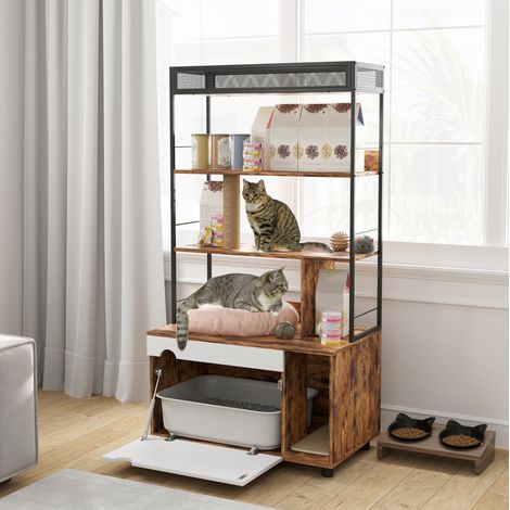 Meuble pour litière pour chat 2 en 1 avec étagère 3 niveaux, griffoir, porte abattante, pour 1 à 2 chats, 80 x 48 x 152 cm, marron - CHICFURN (1/5)