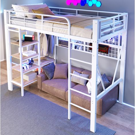 MEUBLIV Hochbett 90x200 cm weiß – LED und Stauraum, ohne Matratze (1/5)