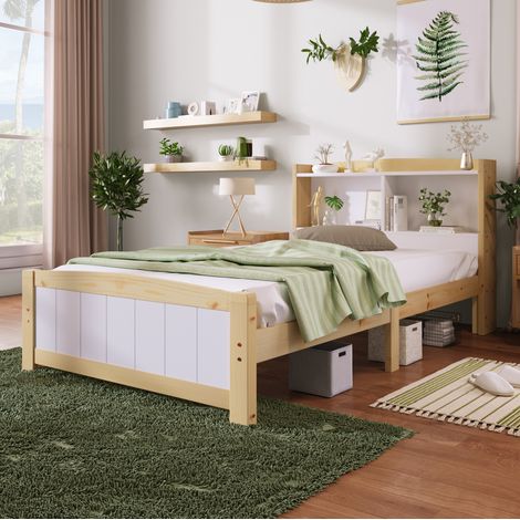 Letto singolo in legno massello bianco e naturale 90x200 cm con testiera contenitore e rete a doghe (1/4)