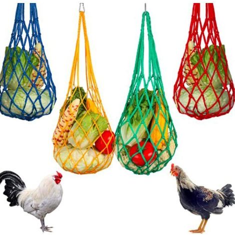 Mangeoire suspendue pour poules, avec 4 sacs en filet inclus pour distribuer les friandises, et un filet d'alimentation suspendu. (1/5)