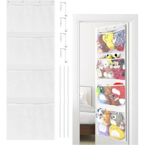 Sac de Rangement Suspendu - 4 Poches Respirantes 165 x 60 cm - Pour Jouets et Peluches - Blanc - 1 Pièce (1/4)