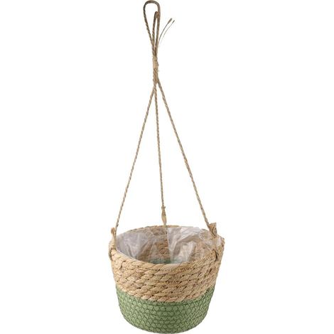 Hängender Blumentopf aus Naturfaser, gewebter Korb mit Seil für die Heimdekoration, für drinnen und draußen, 20 x 13 cm, Grün