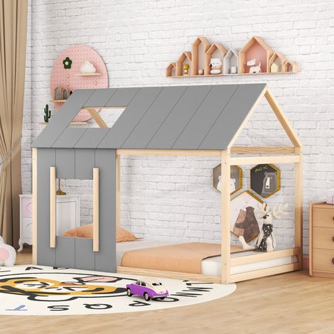 Cama cabaña infantil 90x200 cm de madera natural y gris con techo FloraGrace (1/5)