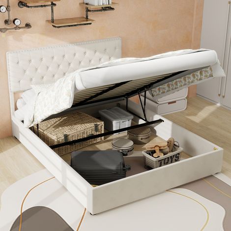 REDOM Lit coffre 140x200 cm tête rembourrée velours hollandais tissu et métal beige (Sans matelas) (1/5)