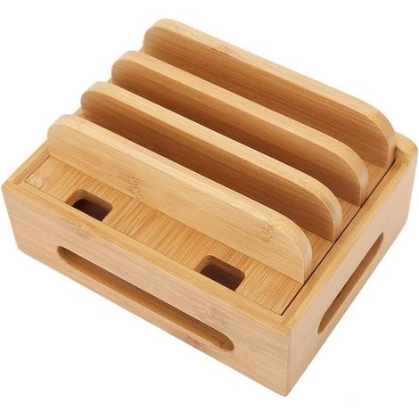 Supporto per telefono in legno con caricabatterie integrato, contenitore per tablet, accessorio da scrivania multifunzionale - Crezuo