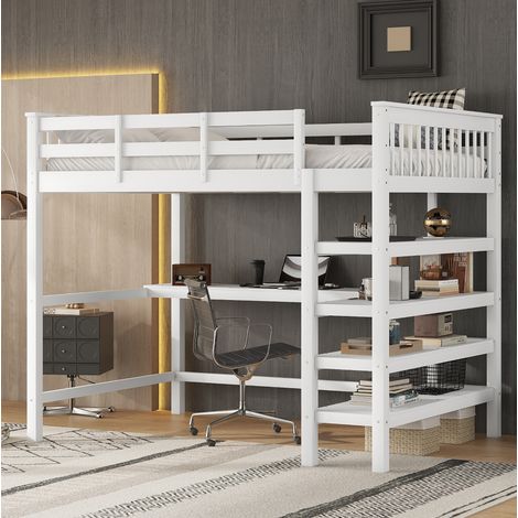 Lit mezzanine enfant 140x200 cm blanc en pin et MDF avec bureau et rangements (1/5)