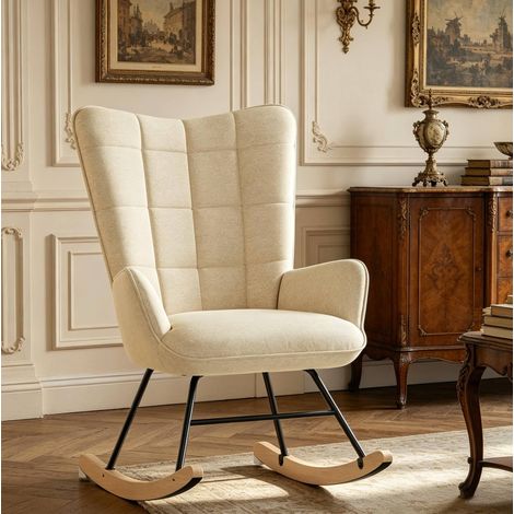 Sillón mecedora beige en terciopelo y madera maciza con respaldo alto ergonómico (1/4)