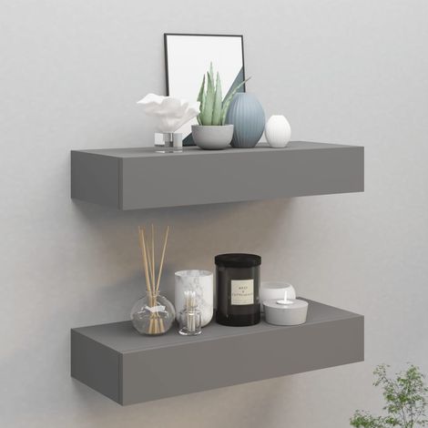 Lot de 2 Étagères à tiroirs murales Étagère de Rangement - Meuble de rangement Gris 60x23,5x10 cm MDF BV560732 - BonneVie (1/5)