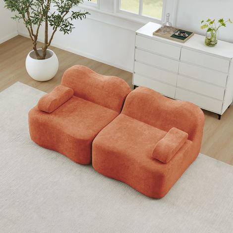 Canapé 2 places modulaire orange, forme ondulée, coussins profonds, accoudoirs amovibles, sans cadre, pour salon ou appartement, montage facile sans outil (1/4)