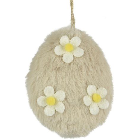 Decoris® Oster Ei Beige 3 Blüten mit Aufhänger 8,5 x 11,5 cm - Plüsch