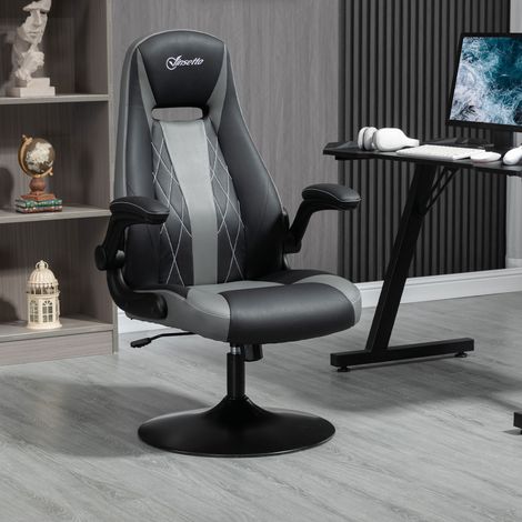 Chaise de gaming ergonomique avec base ronde métal pivotante 360° hauteur réglable têtière accoudoirs relevables PVC gris noir