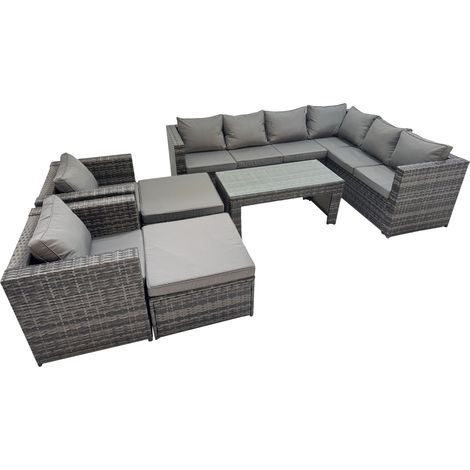 Fimous Outdoor Rattan Oblong Coffee Table Corner Sofa Sets Garden Furniture Set with 2 Chairs 2 Big Stools Dark Grey Mixed (1/5)