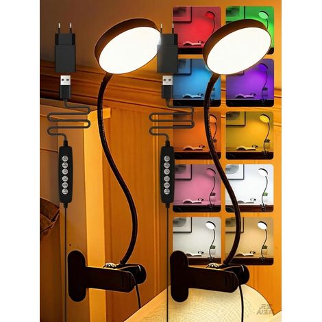 2Pcs Lampe de Bureau,72 LED 10 RVB Couleurs+10 Niveaux de Luminosité Lampe Pince 500 Lumen Lampe Pour Lire Dans Le Iit, USB Adaptateur Lampe LED, Flexible à 360° Lampe de Lecture Pour Lire au Lit/Che (1/5)