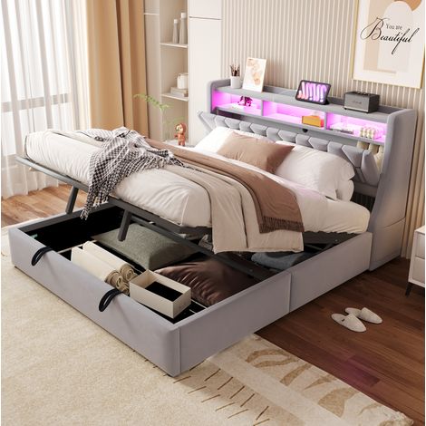 Letto matrimoniale 180x200 cm grigio chiaro in velluto con contenitore idraulico, LED e prese USB-C (1/5)