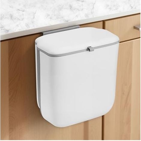 Poubelle suspendue sous évier, 10 L, avec couvercle anti-odeurs, pliable, idéale pour la salle de bain, le camping et les caravanes (blanche) (1/5)