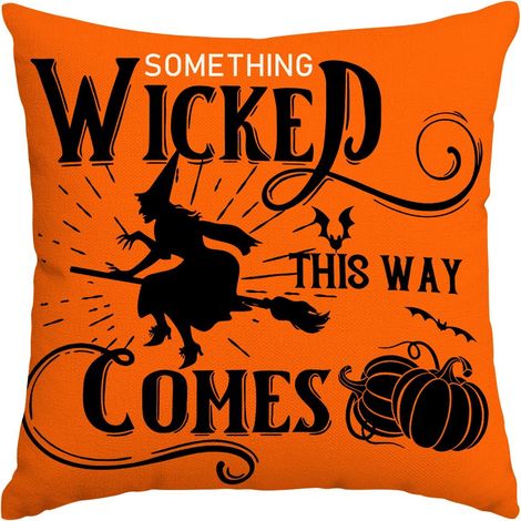 Lot de 2 housses de coussin d'Halloween, imprimé sorcière, balai et citrouille, en lin, motif toile d'araignée effrayante pour la décoration intérieure (1/5)