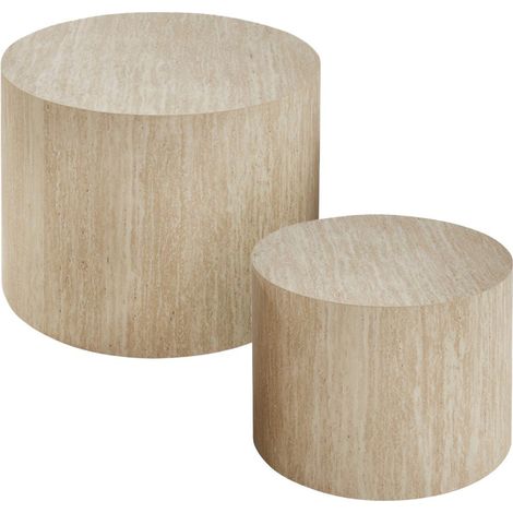 Calicosy – Lot de 2 tables basses rondes empilables en MDF décor travertin – Dimensions 58x58x38 cm et 48x48x32.5 cm – Poids max 80kg