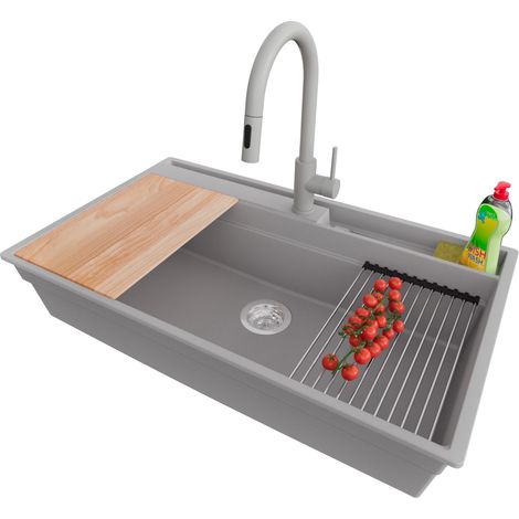 PRIMAGRAN Evier Cuisine en Granit 88x53cm,Lavabo 1 bac + Robinet 40x20cm + Kit de Vidage + Accessoires, Évier à Encastrer au meuble 90cm - Oslo Pocket, Gris (1/5)