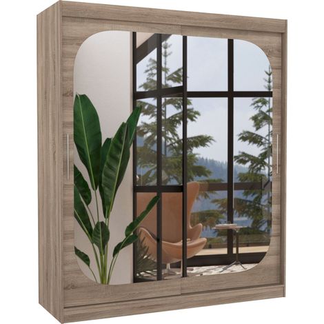 Armoire de chambre design bois truffe 2 portes coulissantes avec miroir Ibizo 180cm (1/5)