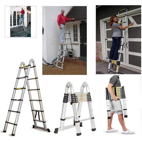 Échelle télescopique 3,8 m - en Aluminium - Échelle coulissante et Cadre A - avec Barre de Support antidérapante - Échelle Pliante antidérapante - Charge maximale : 150 kg (3,8 m/1,9 m+1,9 m) (1/5)