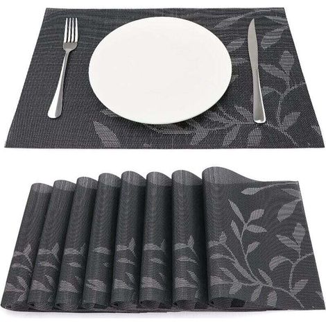 Juego de 8 manteles individuales de vinilo resistentes al calor y al desgaste, de tejido para cocina, 45 cm x 30 cm, hojas oscuras (1/5)
