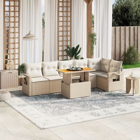 Canapé de jardin 7 pièces en résine tressée beige avec coussins amovibles – Table réglable 100x55 cm (1/3)