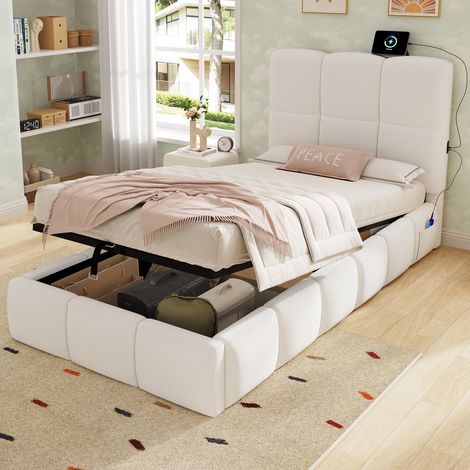 REDOM - Lit enfant 90x200 cm - avec rangement hydraulique, sommier, tête de lit et port USB bouclé beige (Sans matelas) (1/5)