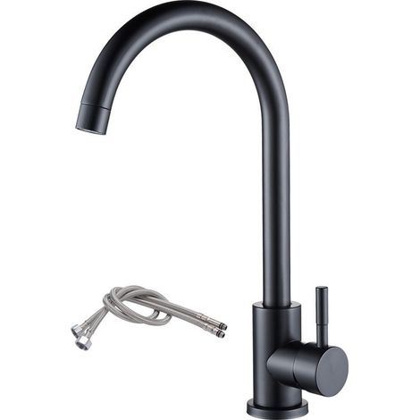 Robinet de Cuisine Noir en Acier Inoxydable, Mitigeur à Col Haut Courbé, Bec Pivotant 360°, Évier Robinet Mélangeur (1/4)
