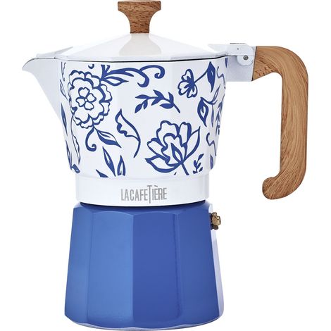 La Cafetière Venice 6 Cup Espresso Maker, 290ml Aluminium Stovetop Coffee Maker with Floral Design, Gas and Electric Hob Moka Pot with Wooden Handle, Blu Fiorato