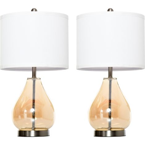Lot de 2 lampes de table abat-jour lin pied verre larme douille E27 blanc