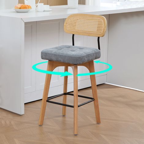 Set de 2 tabourets de bar pivotants 360°, tabourets cuisine et bar avec dossier, dossier en rotin et assise rembourrée, style mid-century moderne, pour cuisine, bar, îlot central et salle à manger, gr (1/5)