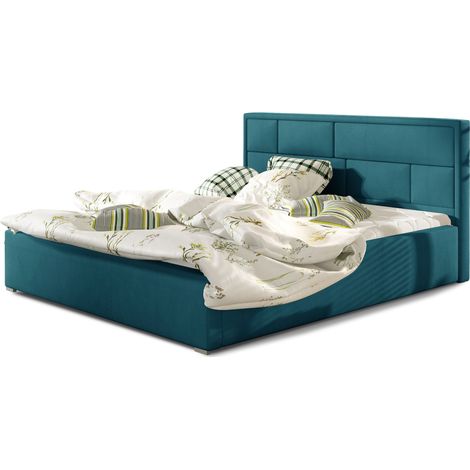 Lit adulte avec sommier Lenzo – Velours rembourré-Bleu canard-160x200 (1/5)