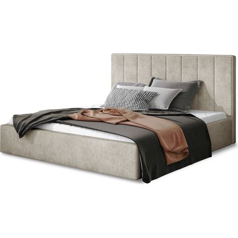 Lit adulte avec sommier Vareza – Tissu matelassé avec sommier-Beige-180x200-Version avec sommier (1/5)